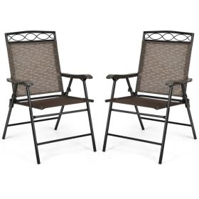 Set of 2 Patio Folding Chairs Sling Portable Dining Chair Set with Armrest