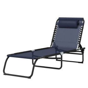 Folding Chaise Lounge Pool Chair with 4-Position Reclining Back, Pillow, Breathable Mesh & Bungee Seat, Dark Blue
