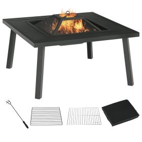 34" Fire Pit with Grill, Metal Outdoor Wood Burning Firepit with Spark Screen, Fire Poker, Cover, Table Lip, Black (Option: Black-830x160x830 mm)