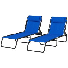 2 Folding Chaise Lounge Pool Chairs with 4-Position Reclining Back, Pillow, Breathable Mesh & Bungee Seat, Blue (Option: Light Blue-770x260x600 mm)