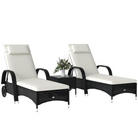 Wicker Outdoor Chaise Lounge Chair Set of 3 with Side Table, 5-Level Adjustable Backrest PE Rattan Pool Lounge Chair with Wheels, Cushion & Head (Option: Black, Cream White-1230x530x290 mm)